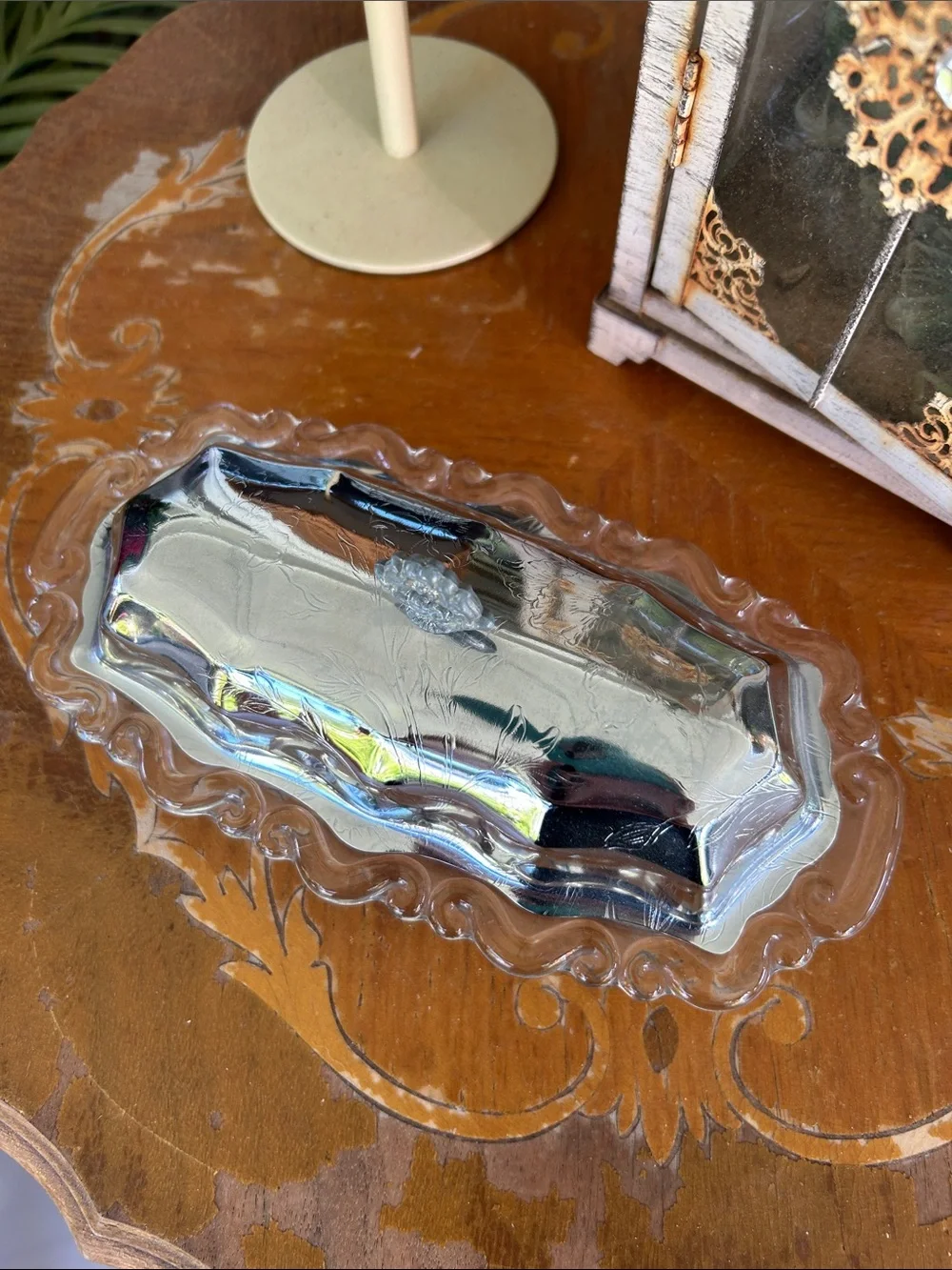 Vintage Silver Metal Covered Glass Butter Dish